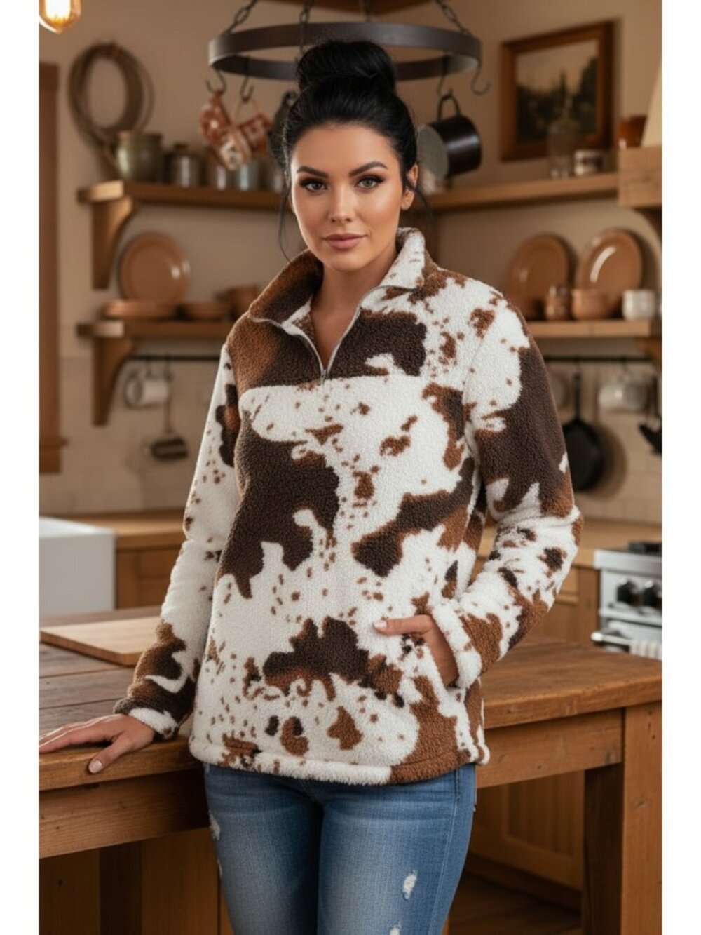 Fuzzy Cow Sherpa Quarter-Zip Teddy Pullover Cowgirl Sweatshirt Western Top